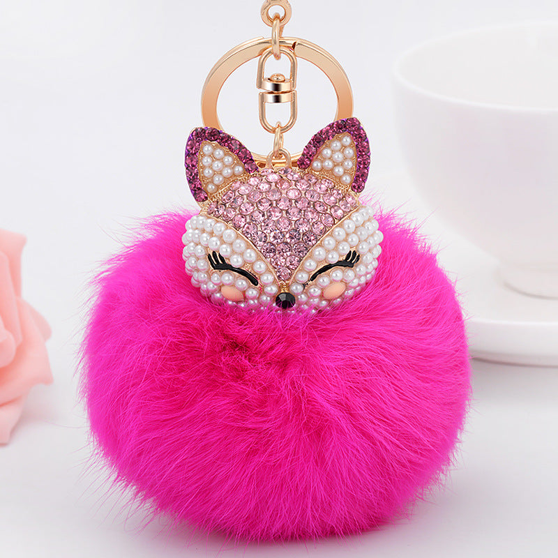 Wholesale Diamond Fox Head Rabbit Hair Hairball Zinc Alloy Keychains